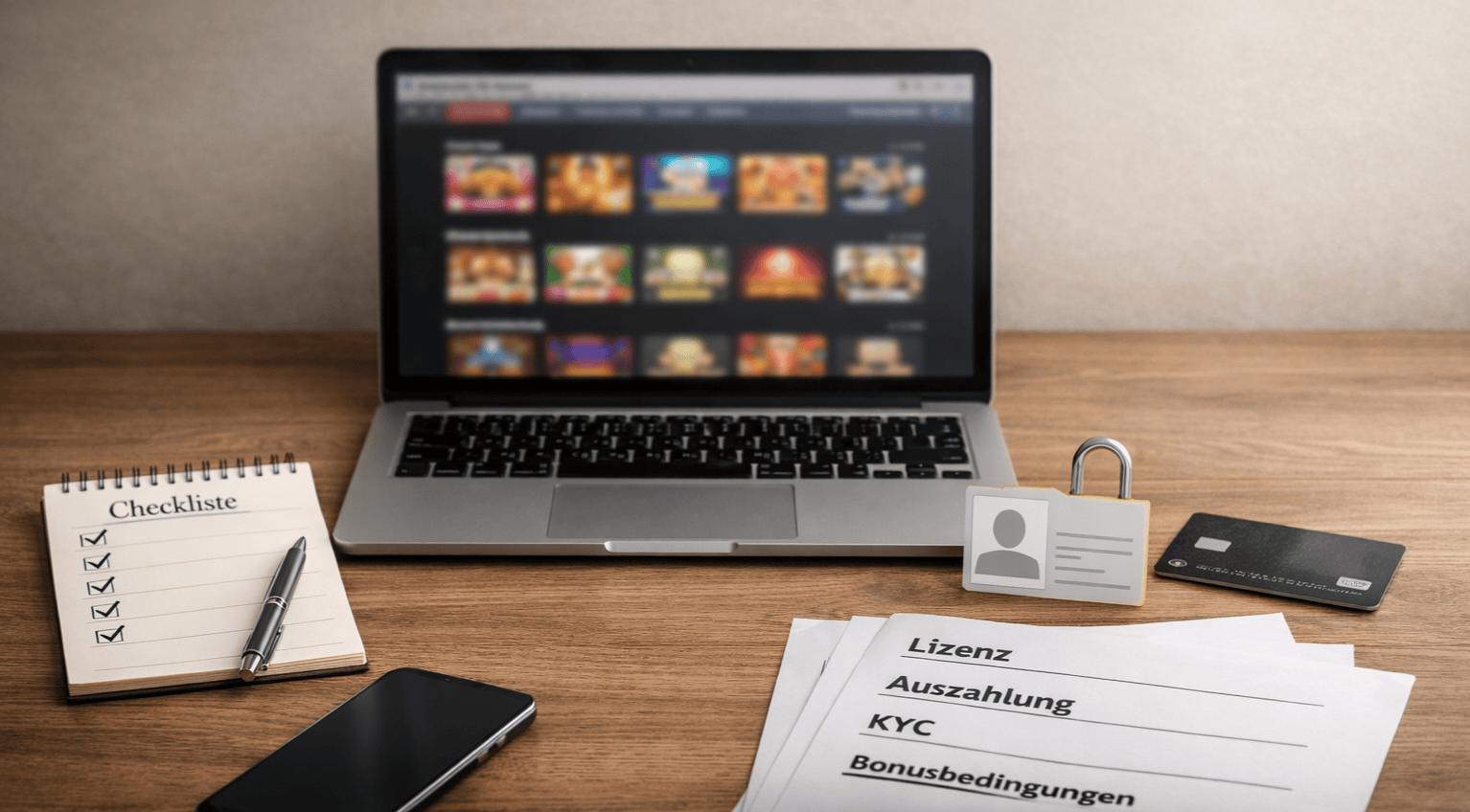 Moderner Schreibtisch mit Laptop, Checkliste, Kreditkarte, Schloss-Symbol und Dokumenten zu Lizenz, Auszahlung, KYC und Bonusbedingungen – seriöse Darstellung zum Thema Casino ohne deutsche Lizenz 2026.